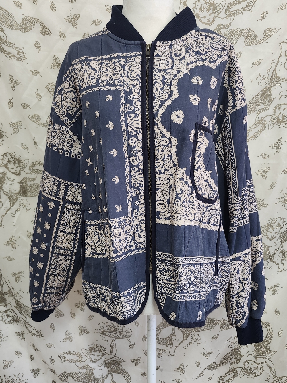 The Great. Women's Navy Blue Printed Bandana Bomber Jacket 2-M